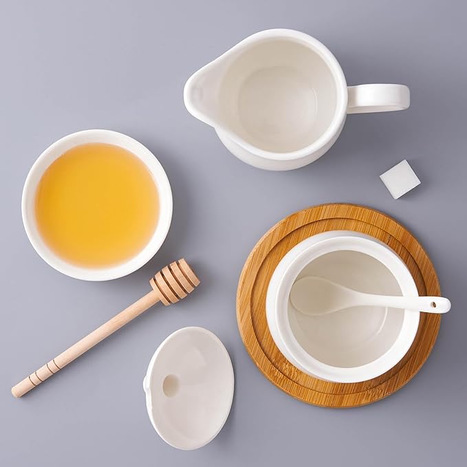 12 OZ Ceramic Sugar and Creamer Set, Coffee Serving Set, 3 Piece Cream Pitcher Sugar Bowl with Lid and Spoon (White)