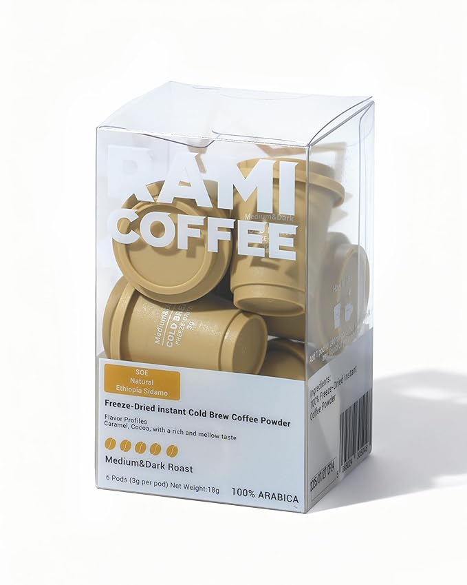 Rami Coffee Cold Brew Freeze Dried Instant Coffee Powder, Medium-Dark Roast 100% Arabica, 6 Portable Single Packets for Home Travel Backpacking Camping
