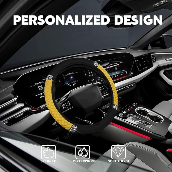 Car Steering Wheel Cover, Steering Wheel Accessories, Breathable Microfiber Leather Auto Wheels Protector, Universal 15 Inch Anti-Slip Protector for SUV Sedan Truck (Bling-Yellow)
