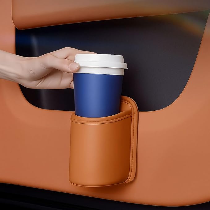 Leather Car Cup Holder, Hanging Automotive Back Seat Bottle Holders, Scratch-Resistant Vehicle Door Drink Holder, Clip-On Auto Organizer Accessories for Soda Cans, Coffee (Orange)