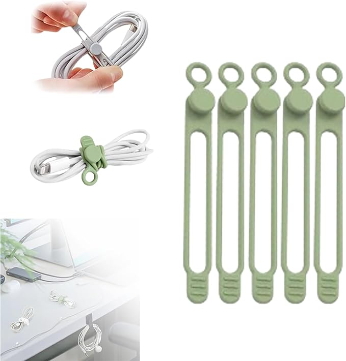 Silicone Cable Ties, Data Cable Organizer Reusable Cable Management Organizer, Multipurpose Elastic Cord Organizer for Bundling and Fastening Cable Cords Wires for Travel/Office/Home (Matcha, 5Pack)