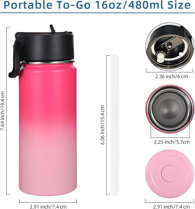 Volhoply 16 OZ Kids Water Bottle Bulk 2 Pack,Insulated Sports Bottles with Straw Lid,Stainless Steel Bottle with Handle Keep Cold & Hot,Double Wall Vacuum Tumbler Cups for School,Girls(Peach, 2)