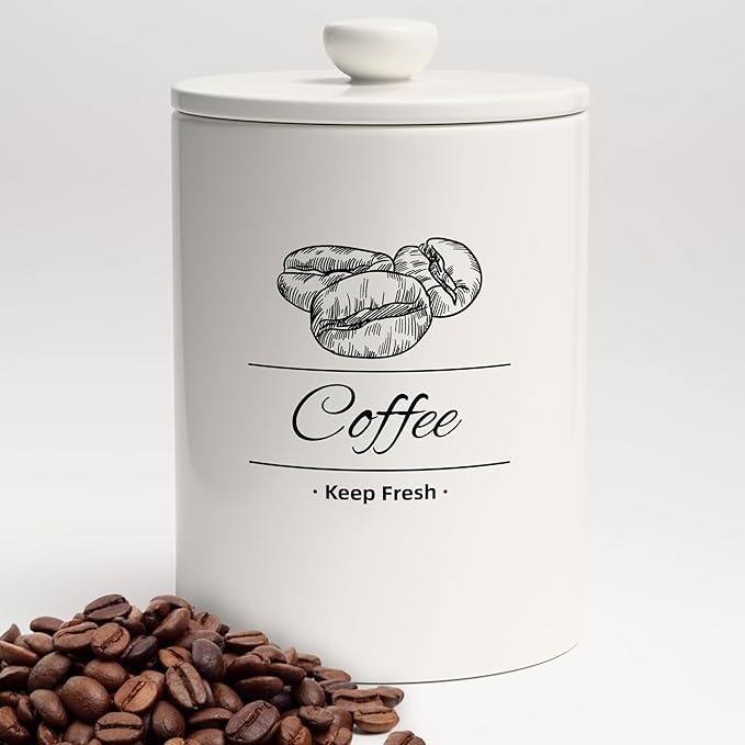 Airtight Coffee Canister - 66 fl oz / 2L Large White Ceramic Coffee Container Airtight - 5.5'' Round × 8.2'' Tall Coffee Bean Storage - Stylish Ceramic Coffee Jar With Lid for Grounds & Beans