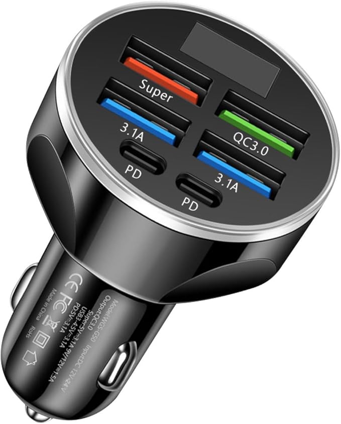 MESA'S LIVE 6-Port Car Charger USB C, 100W Max PD 65W QC3.0 Fast Charging, LED Voltage Display, 12/24V for Car/Truck/RV, Compatible with iPhone 16/Samsung/Tablet/Laptop