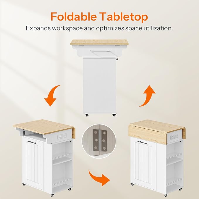 HOOBRO Kitchen Island with Trash Can Storage, Island Table with Drop Leaf Countertop, Rolling Kitchen Cart on Wheels, Storage Island with Power Outlet & Spice Rack, White and Natural WN33UZD01