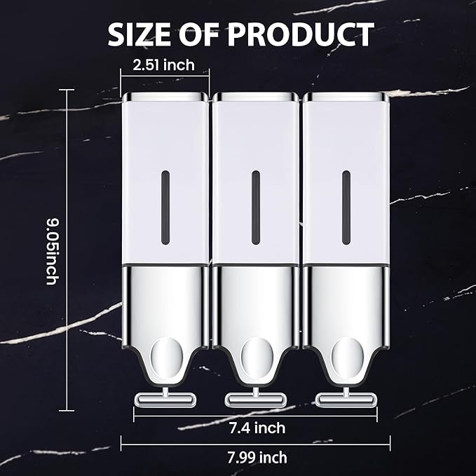 3-in-1 Quadrate Dispensers for The Shower,Shower soap Dispenser,Conditioner Dispenser, Shampoo Dispenser,No Drilled Wall Mounted Distributor,Hotel,Bathroom,Home