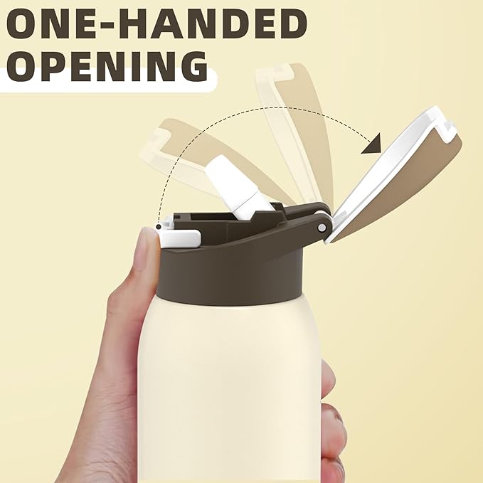 koodee 24oz Free-sip Insulated Stainless Steel Owal Water Bottles with Soft Straw,Quick Flip GO Bounce cup Thermo-flask,Pop & Fill Double-Wall Vacuum Bottle,for Sports & Travel,BPA-Free (Cream)