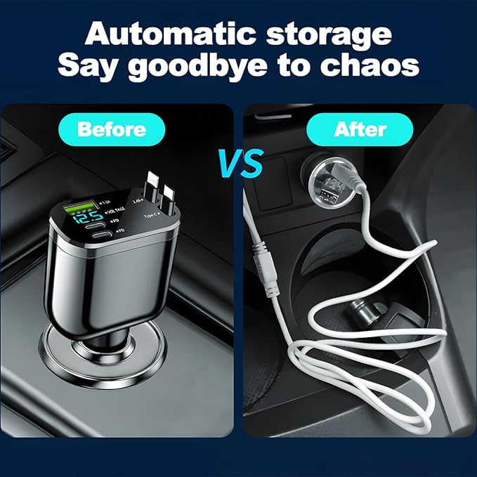 Retractable Car Charger, 4 in 1 Super Fast Vehicle Phone Charger Adapter, Auto Cellphone Charging Accessories with Dual Type C Cables & 2 USB Ports, Universal for SUV, Sedan, Truck