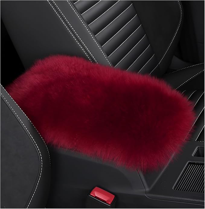 Furry Car Center Console Cover Pad, 11.8"×7.9" Auto Fluffy Plush Center Armrest Protective Cover, Comfortable Fuzzy Armrest Seat Box Protector Cushion for Cars Trucks SUVs (Wine Red)