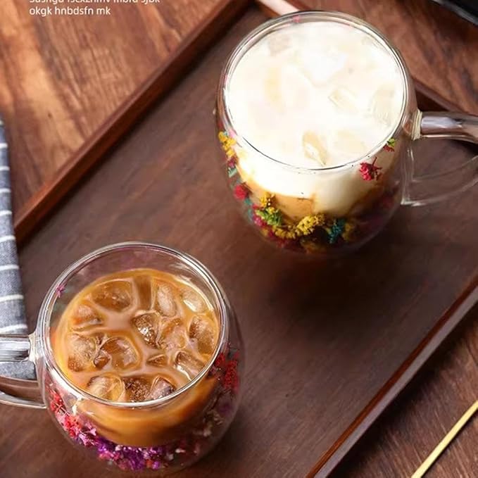 15.2Oz Double Glass Flower Tea Cup,Dried Flowers Insulated Glass Double Wall Coffee Mug With Handle,Transparent Doubles Glases Flower Tea Cup Latte Coffee Cups,Valentines Day Party Gifts