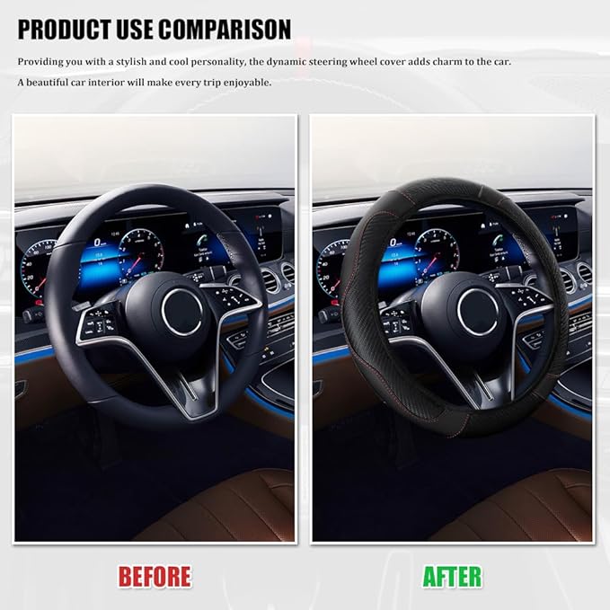 Car Steering Wheel Cover, Steering Wheel Cover Protector, 15 Inch Carbon Fiber Microfiber Leather Elastic Steering Wheel Protector, Car Steering Wheel Accessories for Vehicles (Black)