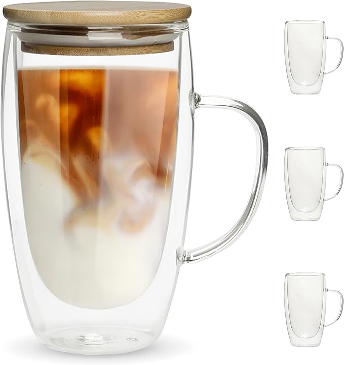 CHEF'S UNIQUE Double Wall Glass Coffee Mugs 16 Oz - Insulated Coffee Mugs With Lid, Clear Glass Cups For Coffee Tea Latte Cappuccino Espresso (set Of 4)