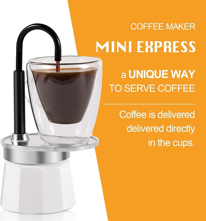 MVPLUE-Mini Express Swiss Single Tube Moka Pot Aluminum Ivory white，Moka Set includes One Double Wall 3oz Cup,Enjoy delicious coffee in no time