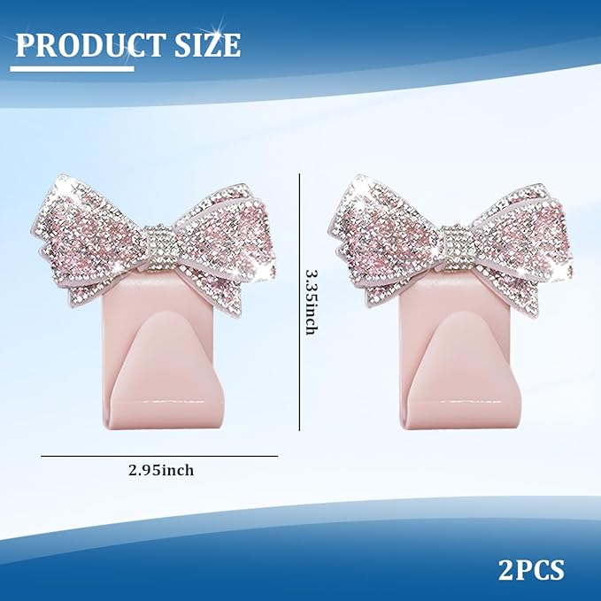 2PCS Bling Bow Car Seat Headrest Hook, Lovely Crystal Rhinestone Back Seat Storage Organizer for Handbag Purse Coat, Girly Sparkling Diamond Backseat Bag Hanger Holder, Universal Fit (Pink)