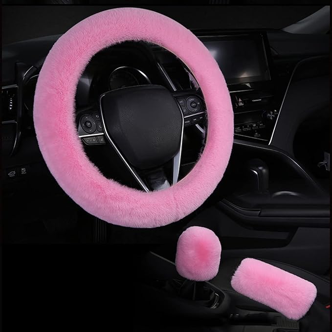 1 Set 6 Pcs Fluffy Car Steering Wheel Cover & Seat Belt Shoulder Pads & Handbrake Cover & Gear Shift Cover Set & Seat Belt Shoulder Pads Faux Wool Universal Fit Car Interior Accessories (Pink)