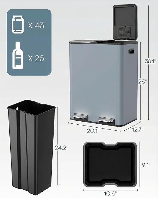 ComfyCorner 16 Gal (2 x 30 L) Dual Trash Can, Stainless Steel Kitchen Garbage Bin, Recycle Dustbin with Odor Control Box, Soft-Close Lid, Inner Buckets, Side Handle, Step Pedal, for Home Office