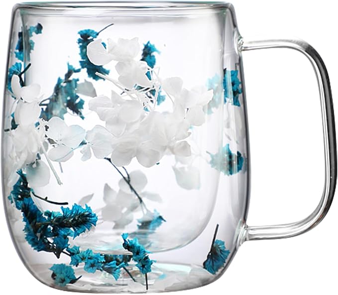 Dried Flowers Insulated Glass Double Wall Coffee Mug With Handle 250ml/390ml Transparent Double Glases Flower Tea Cup Latte Coffee Cup Borosilicate Glass Tea Mug