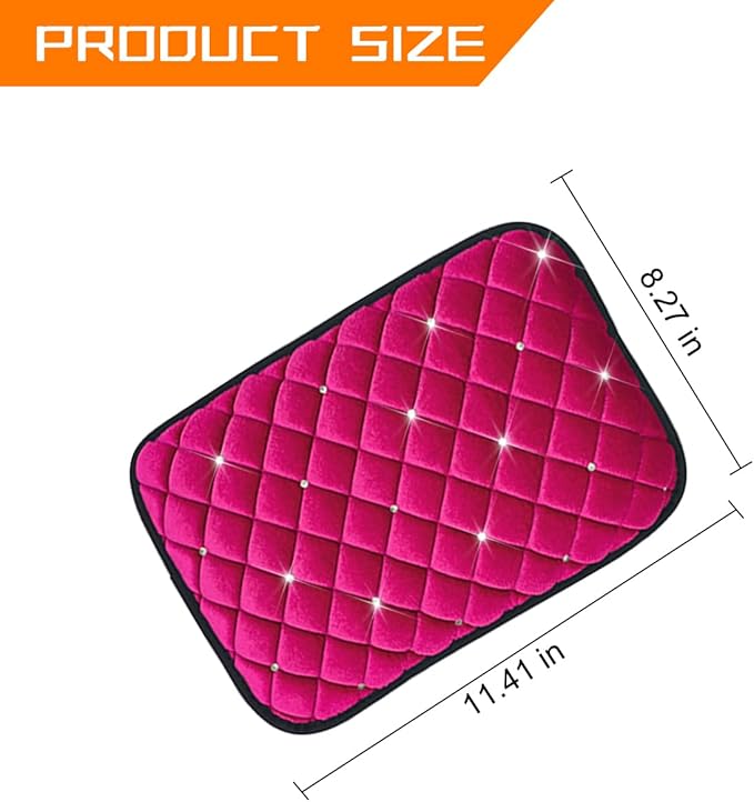 Car Center Console Cover, Crystal Rhinestone Fluffy Soft Vehicle Armrest Seat Box Cushion Pad, Automotive Interior Middle Console Protector, Universal for Automobile RV Truck (Rose Red)