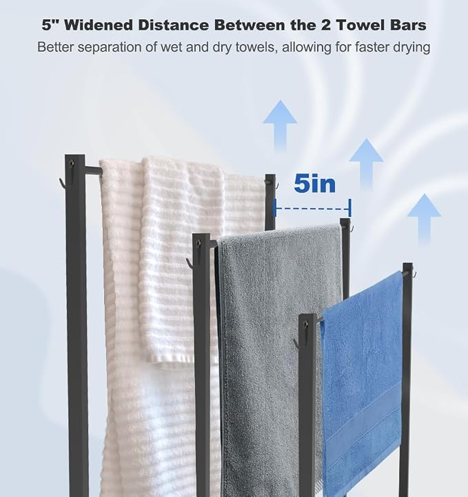 44 Inch Tall Free Standing Towel Rack with Metal Storage Shelf & 6 Hooks for Bathroom, 3 Tiers Heavy Duty Blanket Drying Stand Holder for Outdoor Pool, Bedroom, Living Room, Black