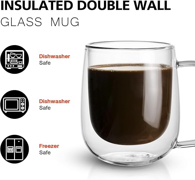 Little World Glass Coffee Mug, 8.5 oz Double Walled Insulated Cup Heat-resistant for Tea Coffee Latte Cappuccino Espresso Iced Tea Dishwasher & Microwave Safe, Set of 1 (Round)