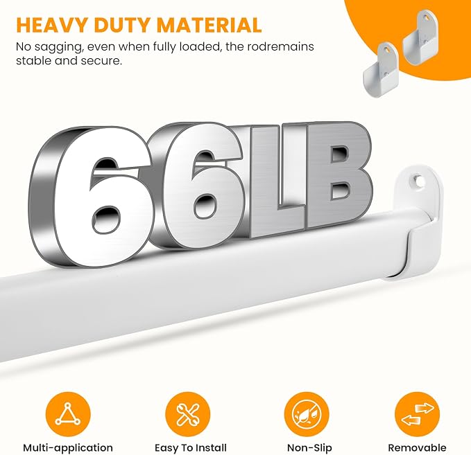 Oval Closet Rod for Hanging Clothes 18 to 52 Inch Adjustable with Snap Fasteners Heavy Duty 1 inch Diameter With End Supports White Poles Bar Closet Rod Expandable for Wardrobes