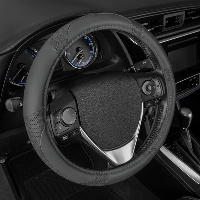 Motor Trend Perforated Microfiber Leather Steering Wheel Cover for Cars Trucks SUVs Vans, Sporty Racing Improved Grip Anti-Fatigue Ergonomic Design, Airbag Compatible - Fits Standard 15" Inch - Gray