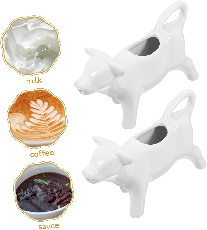 DOITOOL 2pcs Mini Cow Creamer Coffee Tea Milk Syrup Dressing Server with Handle White Porcelain 40ML