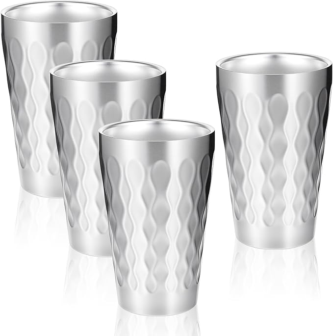 JIEYAO 4 Pack Stainless Steel Cups, 16oz Double Wall Insulated Tumblers Unbreakable Stackable Metal Cups Heat Resistant Drinking Glasses for Travel Camping Home Outdoor