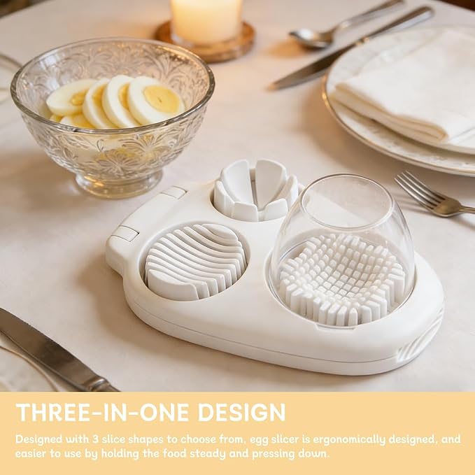 3-in-1 Egg Slicer for Hard Boiled Eggs, Stainless Steel Wire Egg Cutter with ABS Frame, Multi-Functional Kitchen Gadget for Slicing Strawberries, Bananas, Mushrooms & Cheese(White)