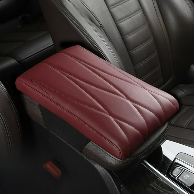 Car Center Console Cover Nappa Leather Memory Foam Armrest Box Seat Box Cushion Protector Pad Comfortable Height Increase Universal for Car Truck SUV (Strip,Wine Red)