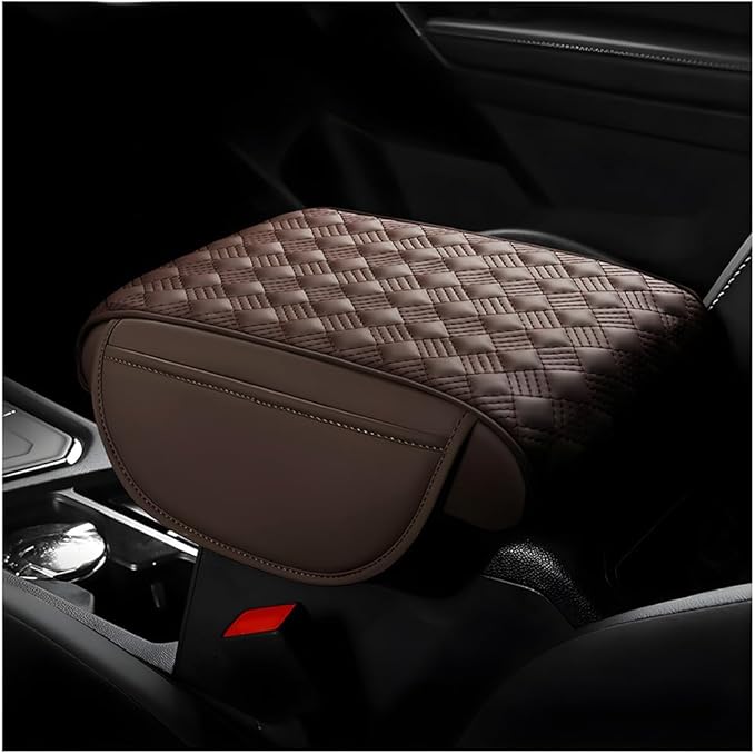 Car Armrest Cushion, 12.6"×8.7" Waterproof Leather Center Console Cover with Pocket, Auto Comfortable Memory Foam Middle Console Elbow Pillow Cushion Pad, Car Accessories (Coffee)