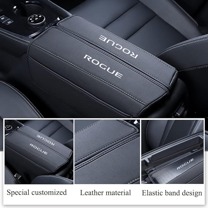XITER 1PC Leather Center Console Armrest Cover with Side Pockets for Nissan Rogue 2021 2022 2023 2024 2025 2026 Accessories(Black Stitches)