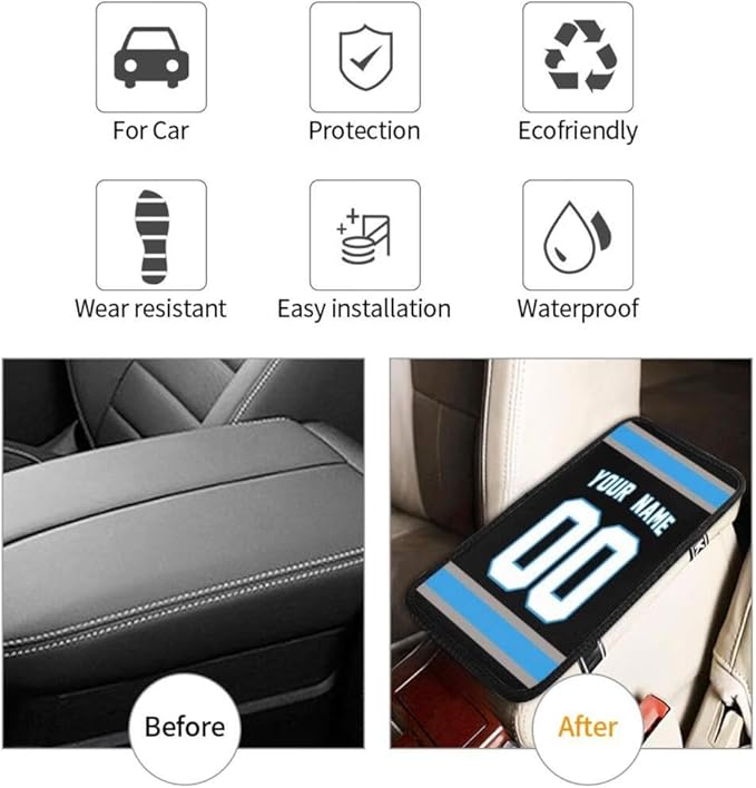 Custom Car Armrest Cover,Add Personalized Name and Number As Gifts for Loyal Football Fans,American Football Auto Center Console Pad Car handrail Box Cushion,Fit for Most Car Seat Box Cover Protector