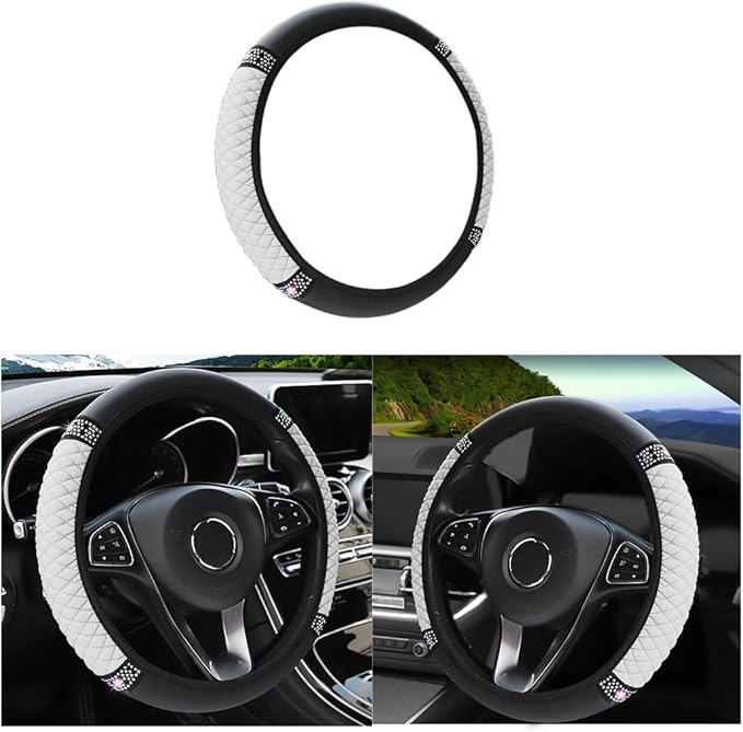 Leather Car Steering Wheel Cover, 15 Inch Colorful Rhinestones Elastic Auto Steering Wheel Protector, Bling Steering Wheel Cover for Women Men, Car Accessories for Cars, Vehicles, SUVs (White)