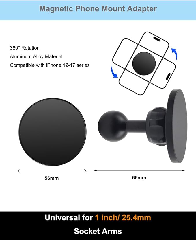 Aluminum Alloy Magnetic Phone Holder for Ram Mounts, 1" (25mm) Ball Mount Base Adapter Compatible with Magsafe iPhone 12-17 Series, Universal for B Size Ball Double Socket Arms