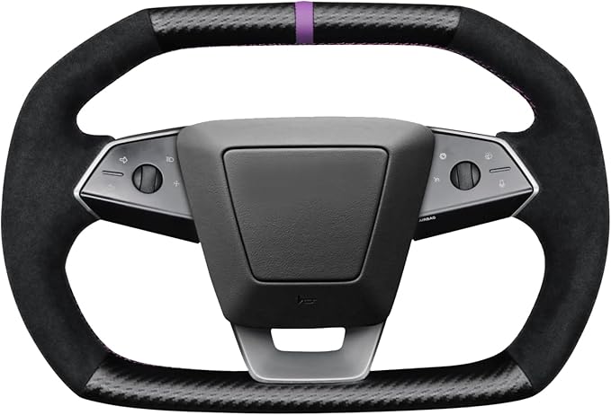 Steering Wheel Cover for Cybertruck Hand Stitching DIY Steering Wheel Cover Black with Dark Purple Center Mark (Upper Lower Carbon Fiber & Alcantara Side Grips)