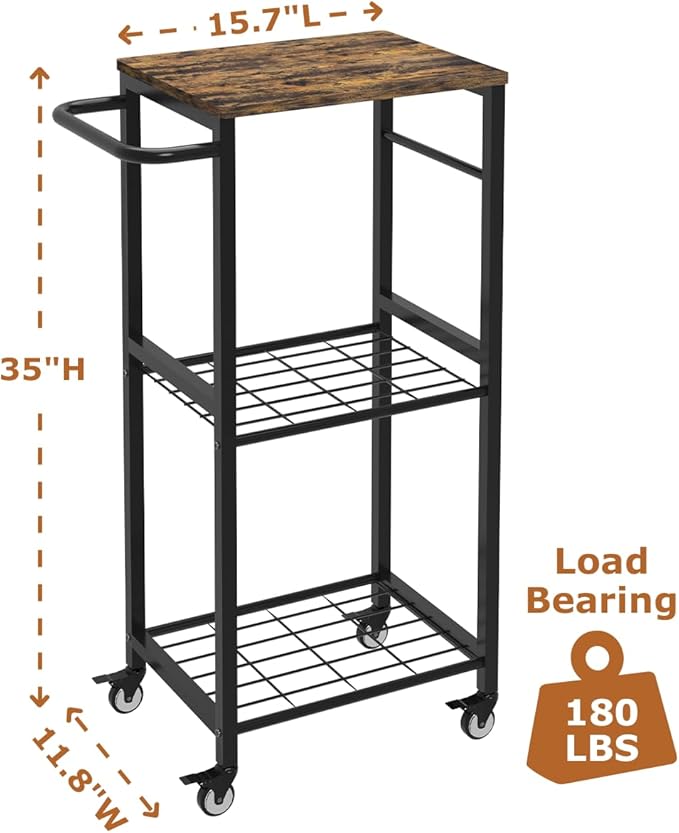 Kitchen Microwave Stand Cart with Storage Rack | 3-Tier Rolling Kitchen Side Table on Wheels with 8 Hooks, Utility Small Coffee Shelf Organizer for Living Room, Bedroom, Bathroom, Office, Black