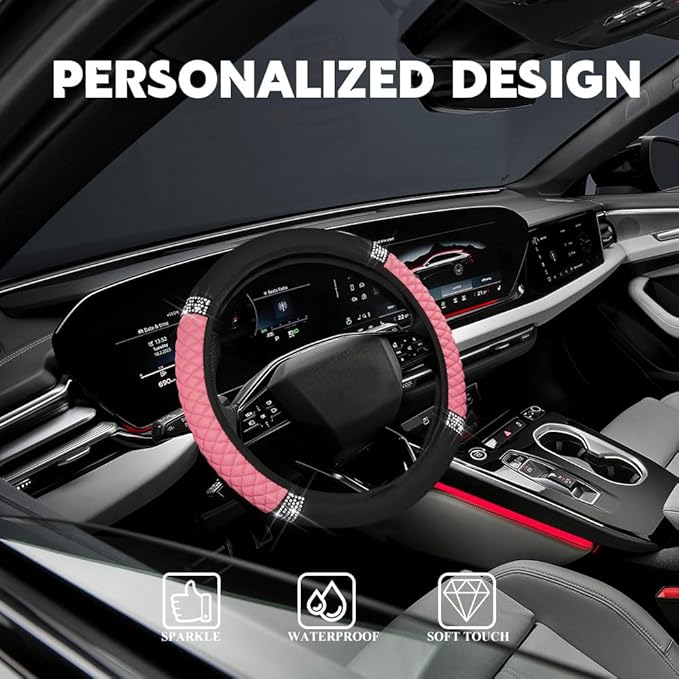 Car Steering Wheel Cover, Steering Wheel Accessories, Breathable Microfiber Leather Auto Wheels Protector, Universal 15 Inch Anti-Slip Protector for SUV Sedan Truck (Bling-Pink)