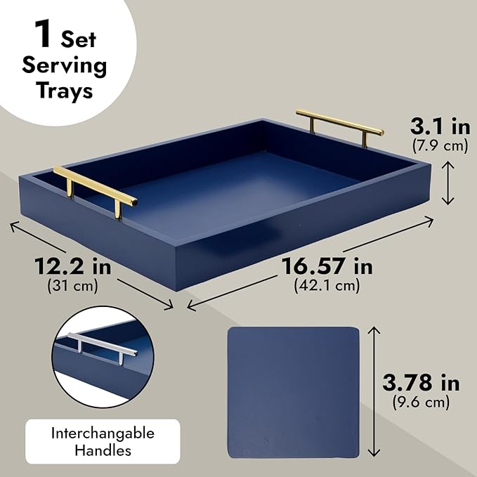 Juvale Coffee Table Tray - 15.7 x 11.8 x 3 in, Blue, Rustic Wood - Serving Tray with Interchangeable Gold & Silver Handles for Coffee Table Decor & Ottoman Use with 2 Coasters