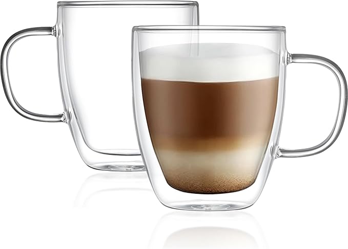 Double Walled Glass Coffee Mugs with Handle (Set of 2) - 19oz Clear Espresso Cup, Transparent Coffee Mugs for Daily Use & Gift, Transparent Mug for Hot Coffee, Iced Tea & Cappuccino (560 ml)