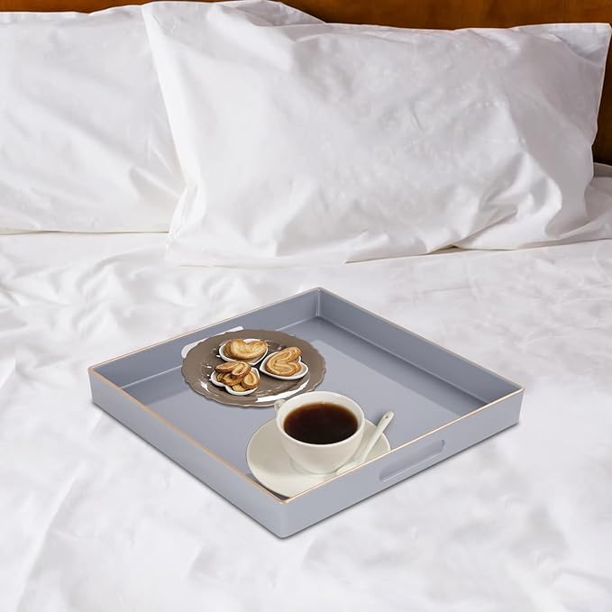 MAONAME Decorative Tray, Gray Serving Tray with Handles, Coffee Table Trays, Square Plastic Trays for Ottoman, Bathroom, Kitchen, 13" x 13" x 1.57"
