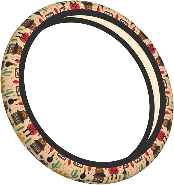 Cowboy Art Saloon Patttern Universal Fit Steering Wheel Cover for Car, Truck, and SUV, Durable Steering Wheel Protection