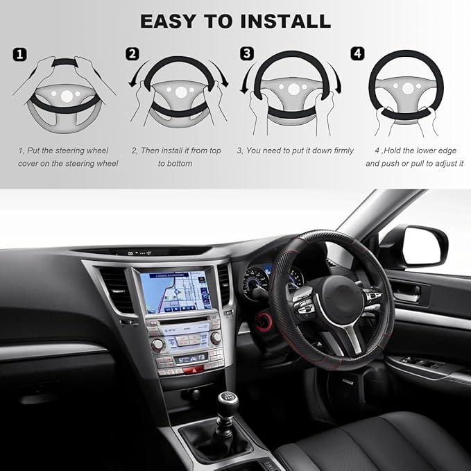 Car Steering Wheel Cover, 15 Inch Carbon Fiber Elastic Vehicle Steering Wheel Protector, Breathable Leather Auto Wheel Covers for Women Men, Interior Car Accessories (Black)