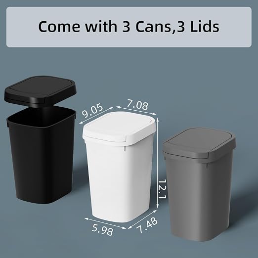 KSSKSS 3 Pack Bathroom Small Trash Can with Lid, 2.6 Gallon Slim Garbage Bin with Pop-Up Lid, 10L Plastic Wastebasket for Bedroom, Office, Kitchen, Toilet (Three Colors)