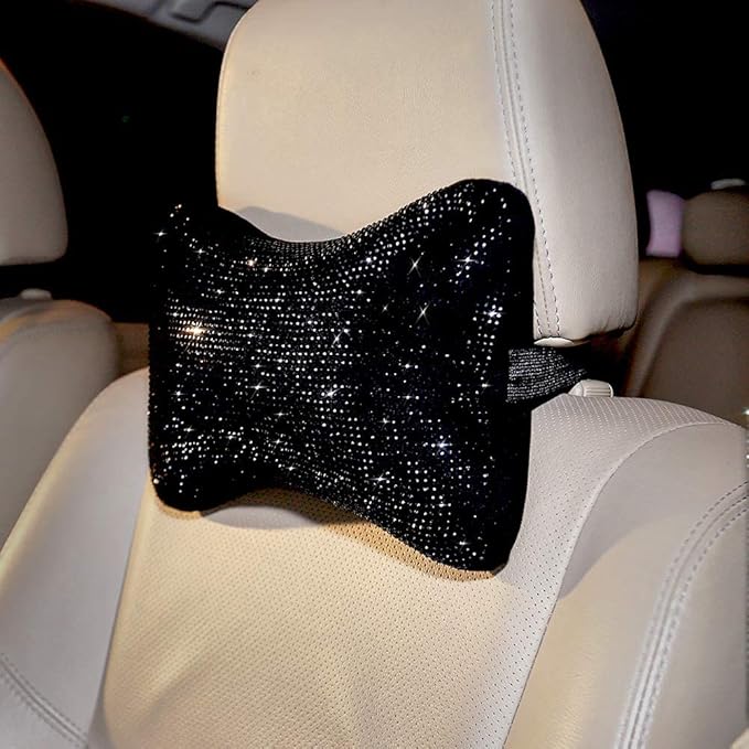 2Pcs Neck Rest for Car Neck Pillow for Driver, Auto Seat Headrest Cushion Driving Relax Necksupport Black Diamonds Bling Car Accessories for Women Men High Grade