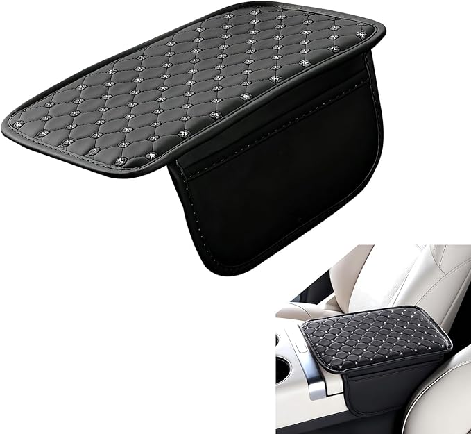 Car Center Console Cover, Leather Waterproof Armrest Cover Protector with 2 Side Storage Bags, 7.87" x 11.8" Comfort Anti-Slip Armrest Seat Box Pad, Universal for Most Cars (Black)