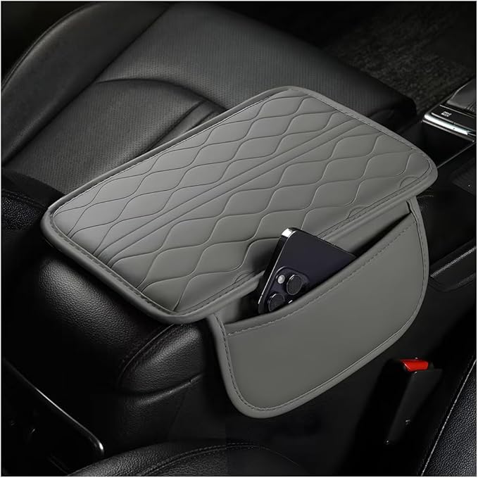 HZEL Car Center Console Cover, Scratch & Wear Resistant Soft Leather Vehicle Armrest Seat Box Cushion Pad with 2 Storage Bag, Waterproof Automotive Interior Protector, Universal Fit (Gray)
