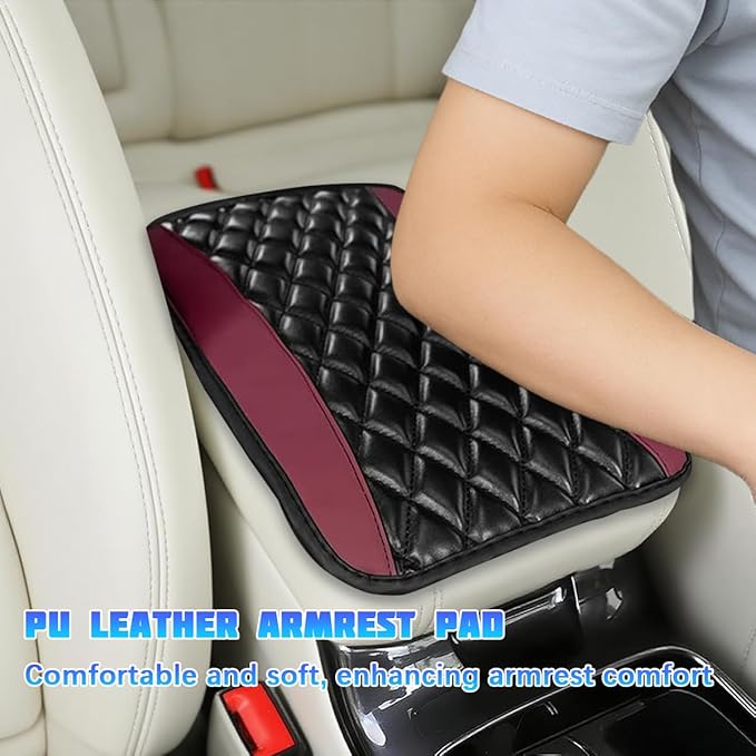 Car Center Console Cover, Comfortable PU Leather Vehicle Armrest Storage Box Cushion Pad, Anti-Scratch Automotive Interior Arm Rest Cover Protector, Universal for Truck SUV Sedan (Wine Red)