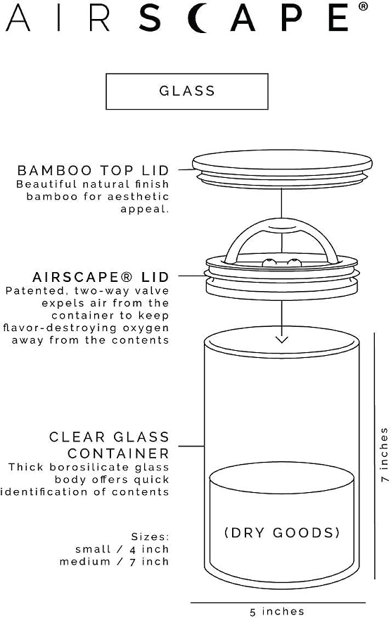 AirScape Glass Food Storage Canister - Glass Storage With US Patented Airless Inner Lid & Bamboo Top Lid - Preserves Food Freshness (Medium 7-Inch)