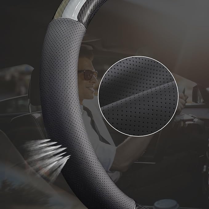 KAFEEK 16 inch Classic Carbon Fiber Steering Wheel Cover Compatible with F150 F250 F350 Ram 4Runner Tacoma Tundra Range Rover, Breathable Microfiber Leather, Black
